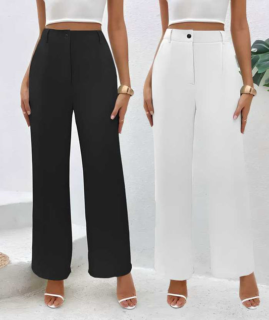 Elegant Black & White Lycra Solid Trousers Combo For Women