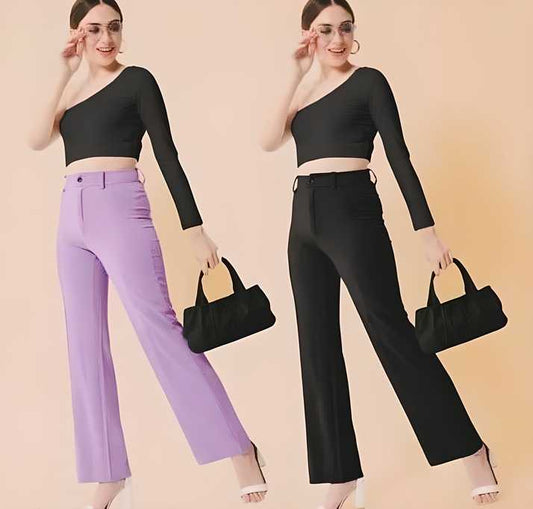 Elegant Lavender & Black Lycra Solid Trousers Combo For Women