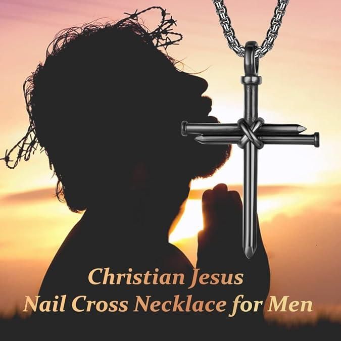 Nail Cross Necklace for Men Stainless Steel Chain 24inch 3 Nails Jesus Cross Pendant Christian Gifts