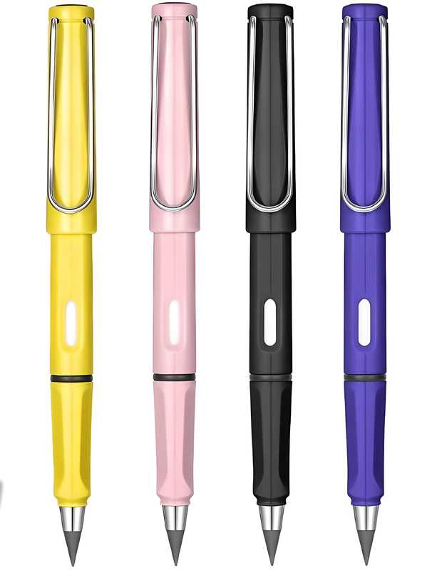 Everlasting Inkless Pencils Portable Reusable and Erasable Metal Writing Pens Replaceable Graphite Nib Triangle Golf Stationary Set (Pack of 4)