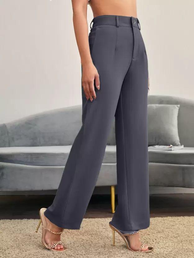 Elegant Grey Lycra Solid Trousers For Women