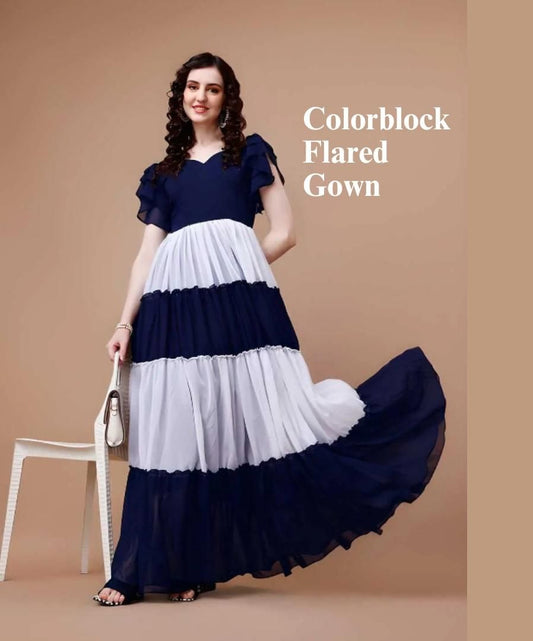 Plus Size Women's Georgette Colorblock Flared Gown