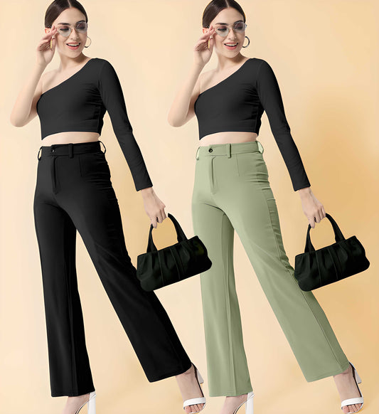 Elegant Black & Pista Lycra Solid Trousers Combo For Women