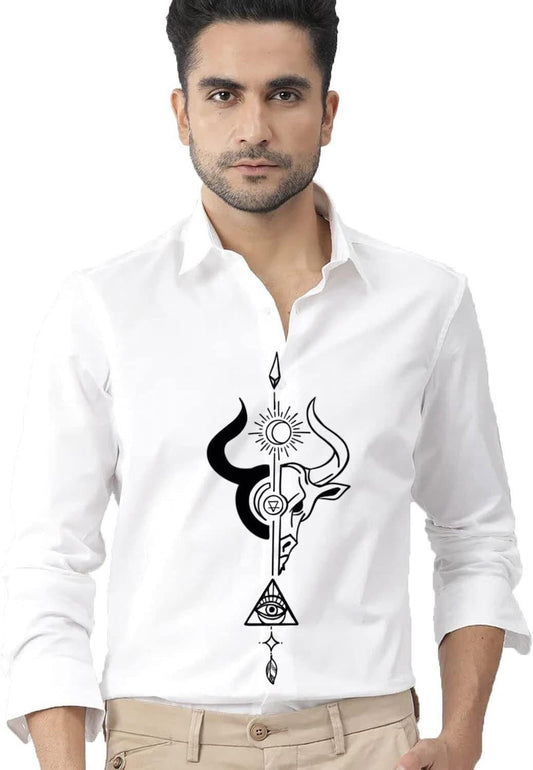 Mens White Cotton Printed Shirt