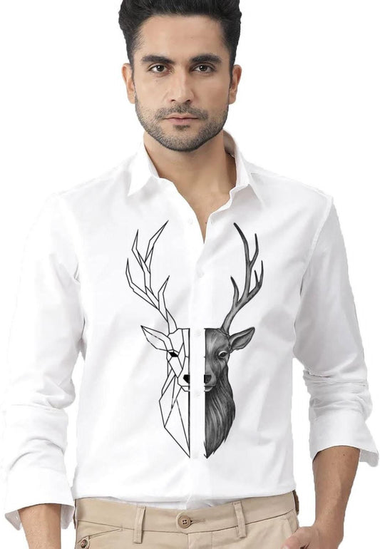 Mens White Cotton Printed Shirt