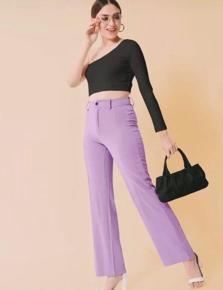 Elegant Lavender & Black Lycra Solid Trousers Combo For Women