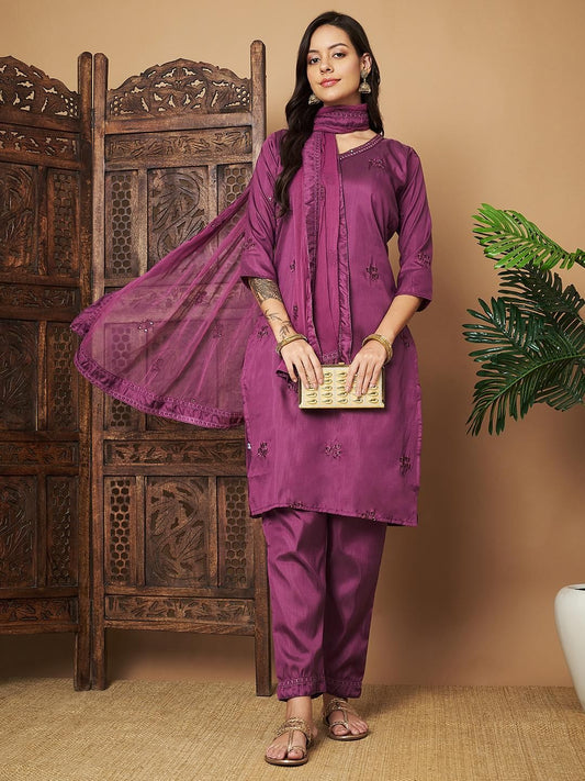 Women Embroidered Straight Kurta Set with Dupatta